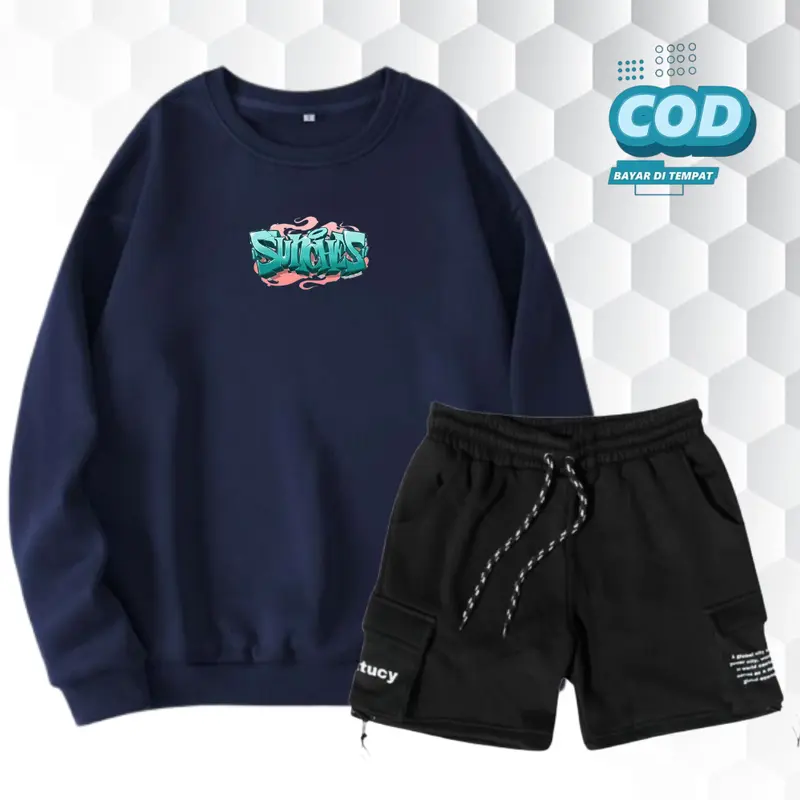 Setelan sdatu Set Crewneck Dan Celana Pendek Cargo Pria Wanita Distro Stelan Sweater Korean Style Bahan Fleece Brend Lokal Bandung Distro Size M L XL XXL Katun Polos Hitam Atasan  Dewasa outfit  cowok setelan hoodie cowok 1 set dewasa  Keren  Casual 0
