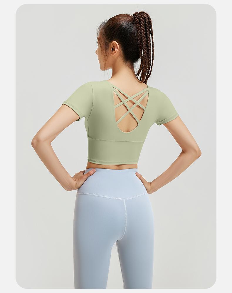 Product Introduction of CHICHI Short-sleeve Slimming Nude Back Yoga Sports Vest High Elasticity Chest Pad Tennis Fitness Women Bra-free Tight Running Cycling Climbing Gym Dance Training 13