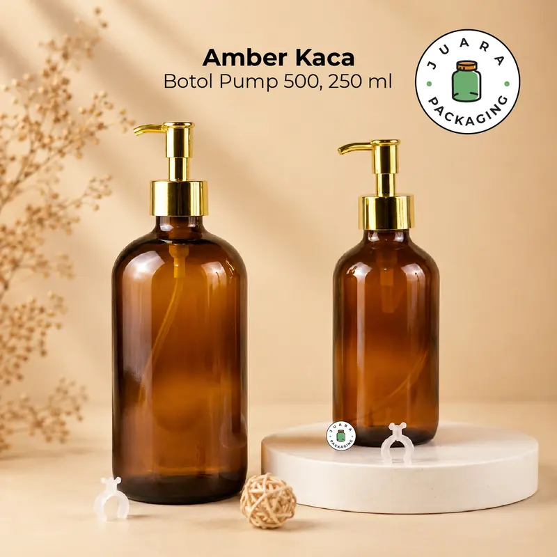 Botol Kaca Amber Coklat Pump Gold 500ml 250ml – Wadah Sabun Cair Lotion Shampoo Skincare Minyak Aromaterapi Refill Botol Kosmetik Isi Ulang Tebal Elegan dengan Tutup Pump Warna Emas Premium