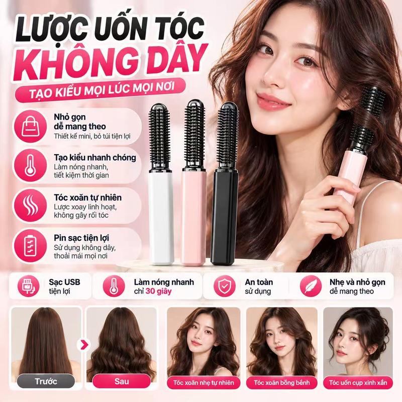 Lược Điện Mini Không Dây, Lược Duỗi Tóc Và Uốn Tóc 2 Trong 1, Lược Chải Tóc Tạo Kiểu Cầm Tay, Lược Duỗi Tóc Mái Mini, Tạo Kiểu Tóc Tự Nhiên, Thiết Kế Nhỏ Gọn Dễ Sử Dụng, Tiện Lợi Mang Theo Khi Đi Du Lịch (COD)