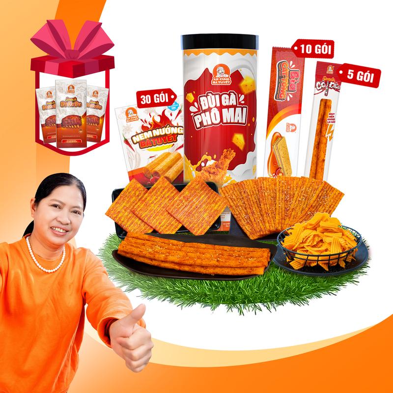 Combo  NHẤTT THỐNGG :Gồm 30 gói snack nem nướng bà Tuyết+1 hũ đùi gà phô mai+10 gói snack bìa cat tông+5 snack cột điện+ Ăn Vặt -ĂN CÙNG BÀ TUYẾT