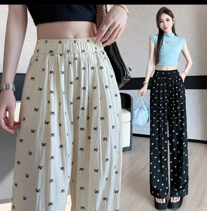 quần suông  ống rộng nấm lùn 90cm vải đũi  hoạ tiết hình nơ xinh xắn cạp chun lưng cao 006