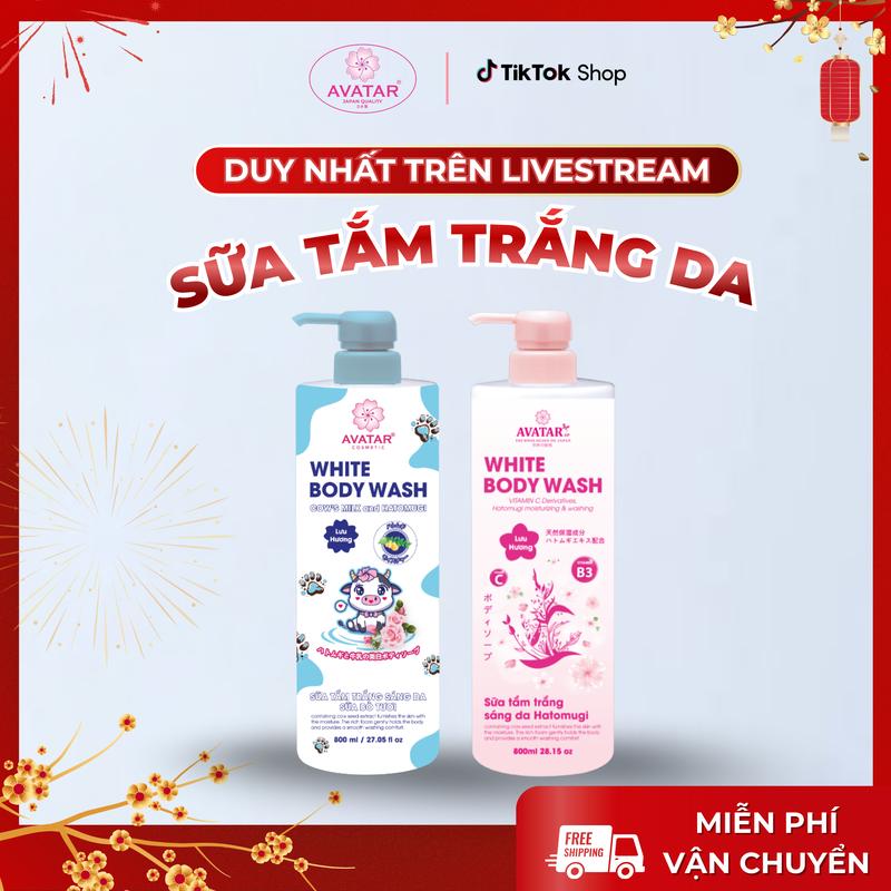 ƯU ĐÃI Sữa Tắm Làm Trắng Da Avatar White Body Wash 800 mL - Chiết Xuất Vitamin E B1 B12 & Hạt Ý Dĩ - Dưỡng Chất Hatomugi - Dưỡng Trắng Tươi Sáng Da Chính Hãng