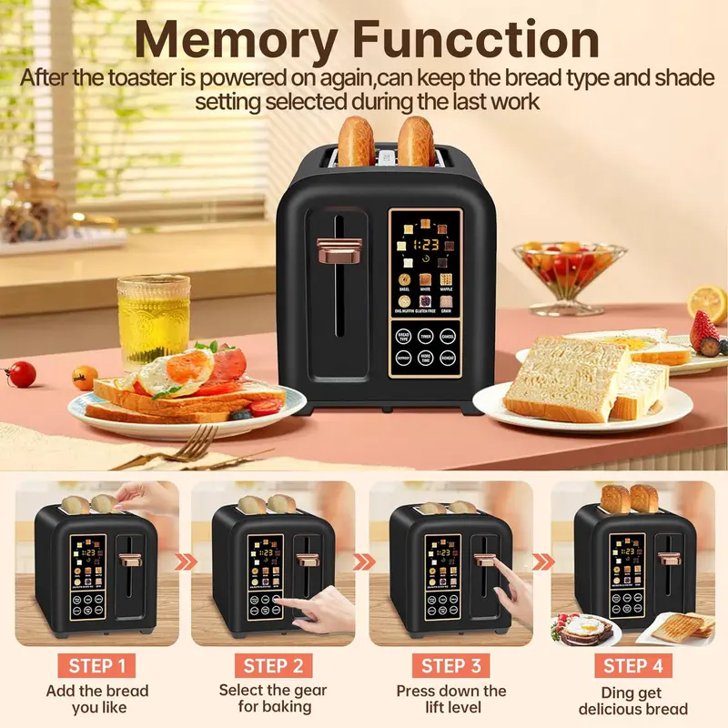 Product Introduction of Toaster 2 Slice, Stainless Toaster LCD Display&Touch Button, 50% Faster Heating Speed, 1.4'' Wide Slots Toaster, 4 Basic+More Timer Functions, Removable Crumb Tray, 1350W 8