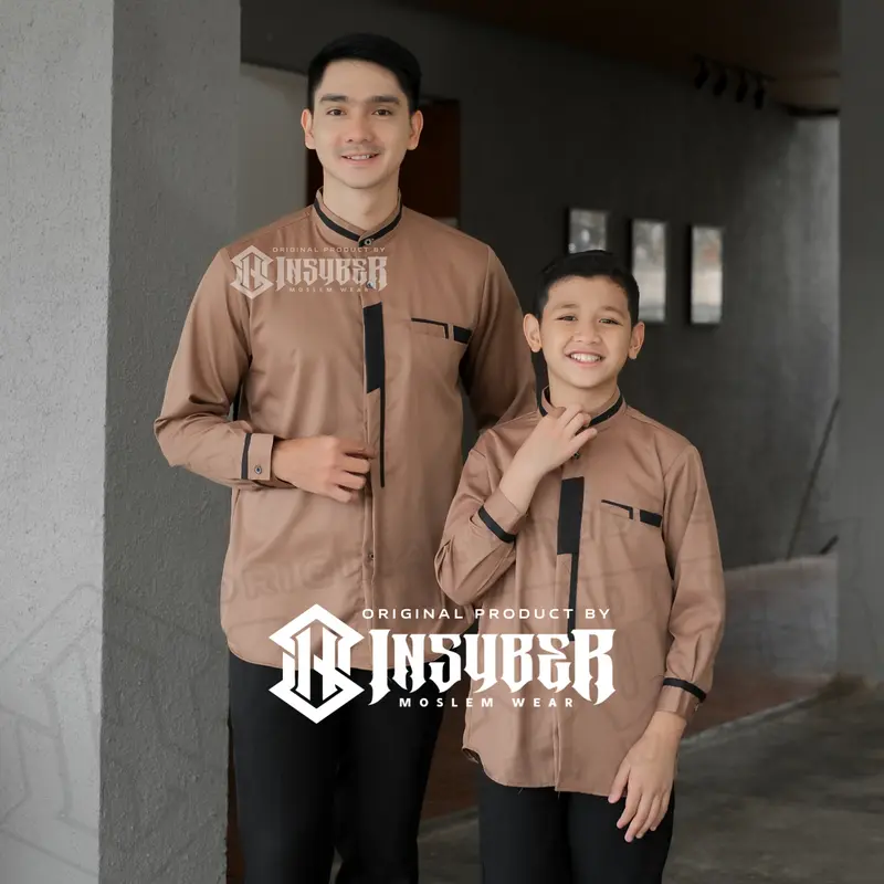 Baju Koko Couple Ayah dan Anak Laki-laki Lengan Panjang Bahan Toyobo Fodu Warna Burgundy Terbaru 2025 , Muslim 4