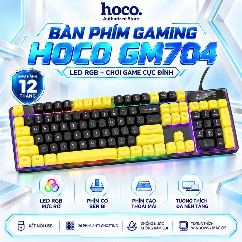 Bàn Phím Gaming HOCO GM704, Bàn Phím Có Dây, Dùng Cho LapTop, Máy Tính, Có Đèn Led, Bàn Phím Chơi Game, Văn Phòng