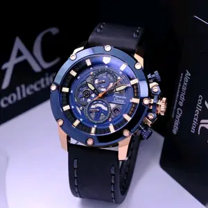 Alexandre Christie Jam Tangan Pria AC Collection Biru Rose Gold Tali Kulit Asli Fesyen Mewah