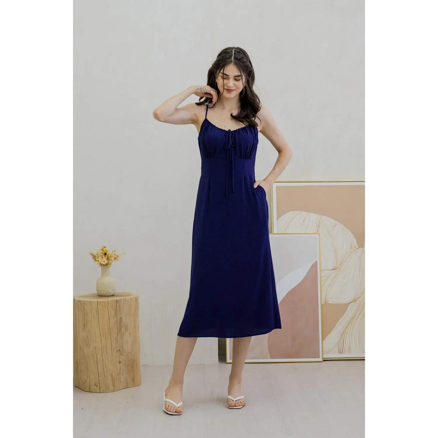 Daena Tie Ribbon Ruched Midi Dress In Navy