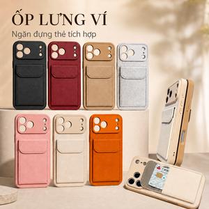Ốp lưng cho iPhone 17/16/15/14/13/12/11/XS Max/8/7 Plus/Pro Max vân da hạt, có ngăn đựng thẻ và chân đỡ, chống sốc, phong cách cao cấp, tiện dùng đi làm, du lịch, hằng ngày