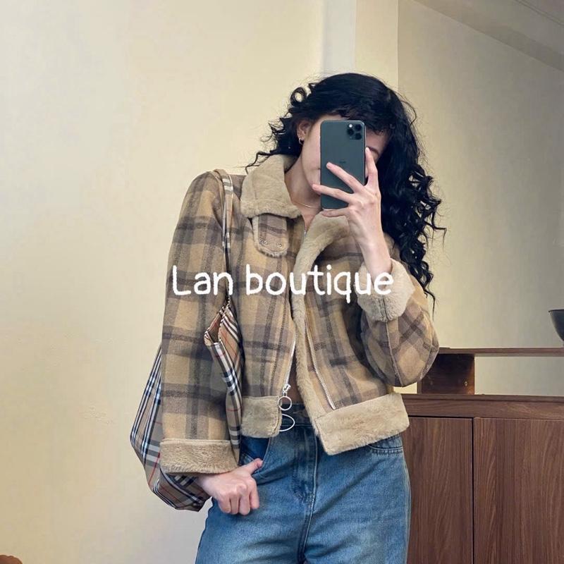 Áo khoác dạ kẻ nữ,lót lông mềm mịn Nữ Top Women [8166] Jacket