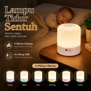 Lampu Malam Sentuh Isi Ulang USB Warna Pastel, Lampu Meja 3 Warna Cahaya Pelindung Mata, Lampu Tidur Minimalis untuk Kamar Tidur Bayi & Kamar Anak