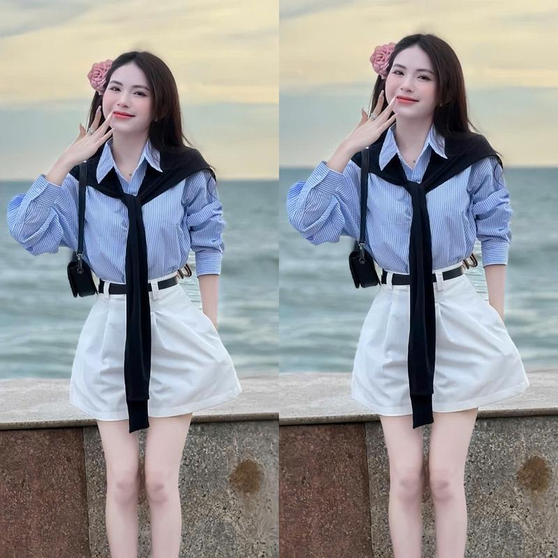 Set bộ nữ 4 món áo sơ mi dũi sọc dài tay kèm khăn choàng mix quần mango ngắn [kèm thắt lưng] xinh xắn dành cho nàng di chơi.
