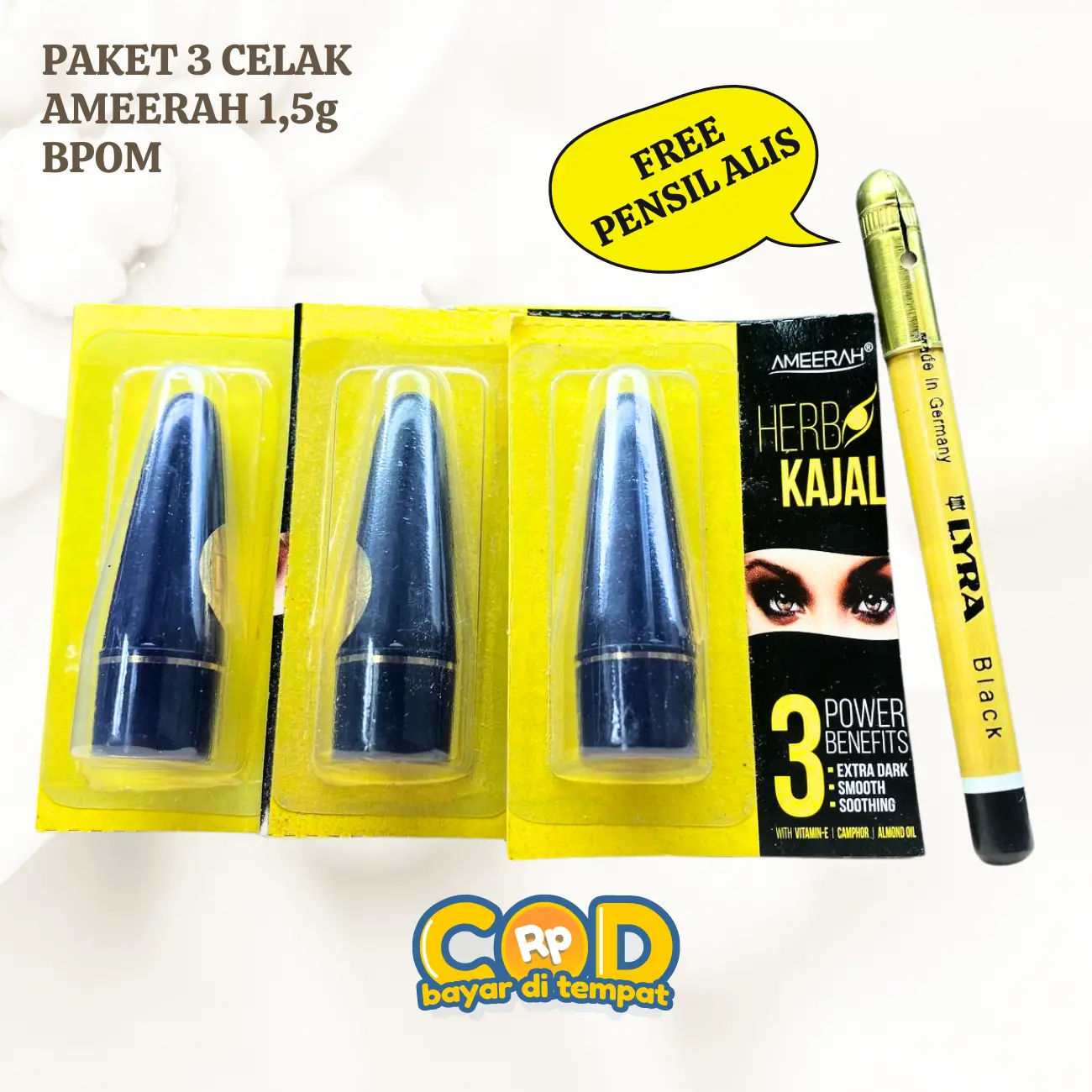 3Pcs Celak Mata Ameerah 1,5g BPOM Herbal Kajal Eyeliner Arab Waterproof Pria Wanita Muslimah Santri