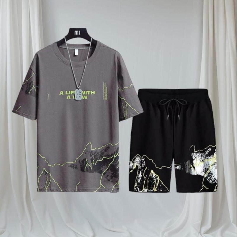 Setcel Kaos Lengan Pendek dan Celana Pendek STELAN VIEW Motif Sablon Premium keren  Setelan 0