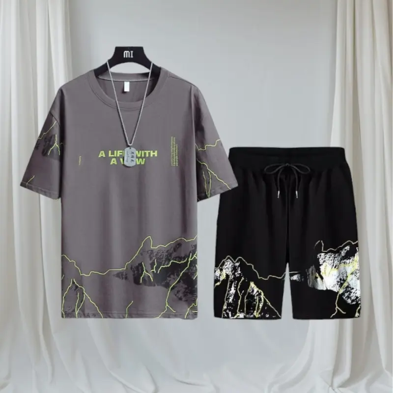 Setcel Kaos Lengan Pendek dan Celana Pendek STELAN VIEW Motif Sablon Premium keren  Setelan 0
