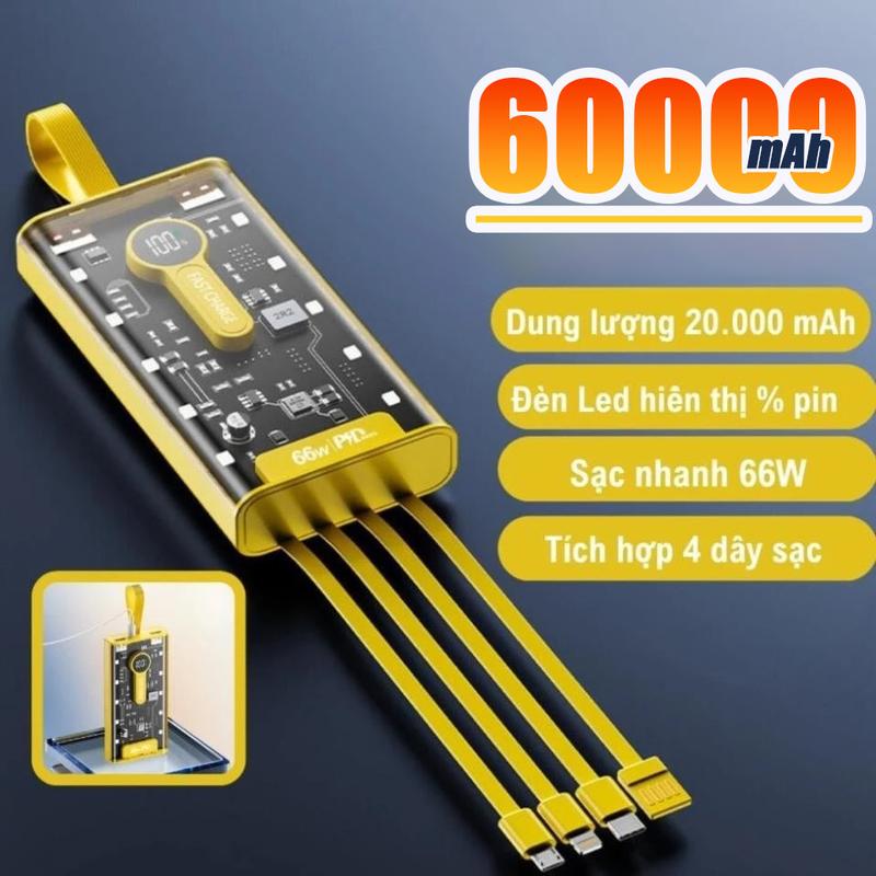  【Giới thiệu 60000mAh Sạc dự phòng Pin Sạc dự phòng 30000mAh Sạc nhanh PD 22,5W 120W sạc dự phòng trong suốt sạc cùng lúc nhiều thiết bị 