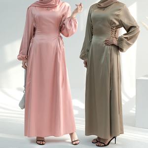 Gaun Muslimah Elegan Langsing Untuk Wanita Dengan Hijab Segera Warna Pejal turtleneck Tali Pinggang Nipis LR702