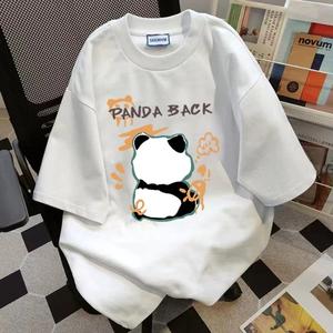 かわいいパンダ柄プリント婦人用半袖Tシャツ、丸首、ゆったり、純綿カジュアルトップス、丸首、ショルダーベルト、ゆったりシルエット、通気性、肩落ちデザインプリントTシャツ夏のゆったりタイプ