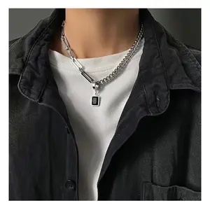 ￼Floyd Kalung Bentuk Kotak Warna Hitam Bahan titanium steel Gaya Hip hop Untuk Wanita Pria Unisex tidak s gold