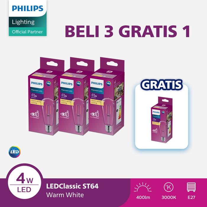 Gambar Beli 3 Gratis 1 Lampu Bohlam Philips Filament LED Classic 4W ST64 E27 Kuning dari Philips Lighting Bogor Kab. Bogor Tokopedia