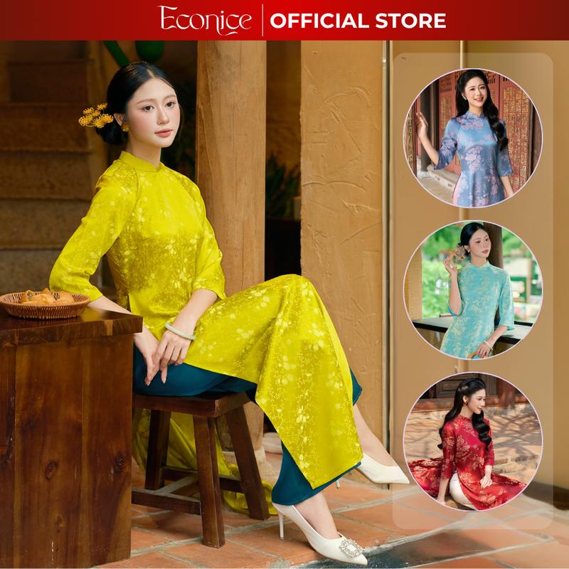  Set áo dài cách tân nữ Econice vải lụa gấm vân hoa truyền thống mặc dịp lễ tết 2025 