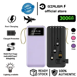 Powerbank kabel data tiga kabel 3.0 pengisian cepat lampu senter USB ganda cocok untuk iOS/Android 30000MHA