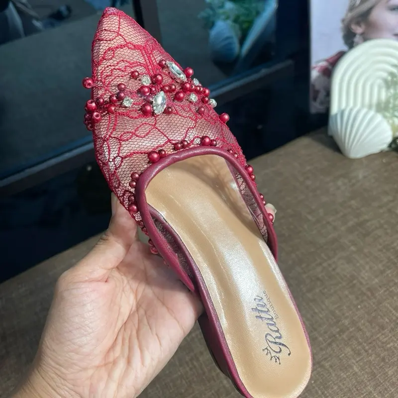 Sepatu Wanita pesta Payet Maryam Brukat Hak 3cm - Ukuran 36-41 - Karet, Kasual, Heels, Shoes, Sendal, Putih 8
