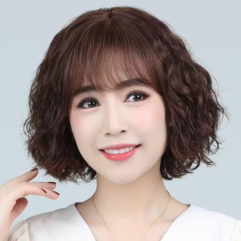Tóc Giả Nữ Mới, Tóc Ngắn Bồng Bềnh Như Thật, Perm Ngô, Bộ Tóc Giả Nữ Toàn Đầu, Cuộn Len Dài Trung Bình 0