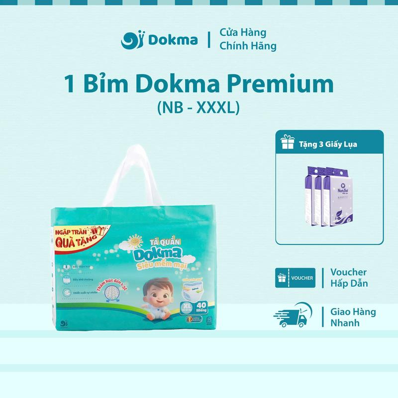  Bỉm Tã Cho Bé DOKMA Premium Siêu Thấm Hút Mềm Mại Thoải Mái Tiết Kiệm Cho Mẹ 60 Miếng NB - XXXL  1 Bịch  