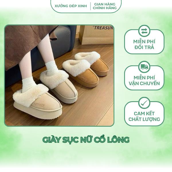 Giày Sục Nữ Cổ Lông Tăng 1 Size - Dép Lông Siêu Mềm Mịn Đế Cao 4cm - GiàY Shoes Women dép uggs