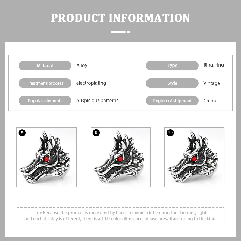 【Perenolr】Fashion Vintage Male Ring Domineering Red Eye Personality Punk Jewelry Dragon Head Ring 5