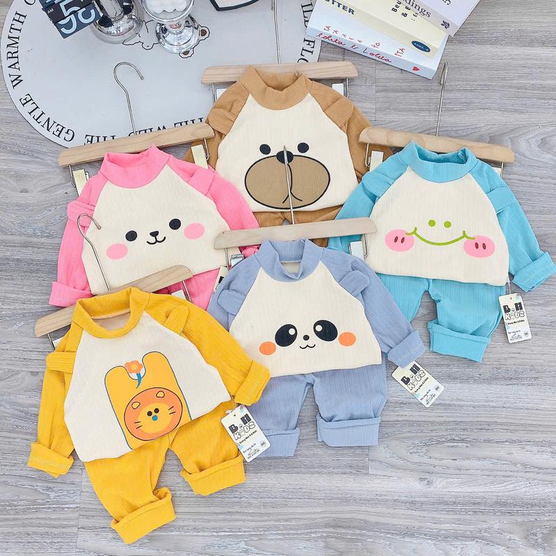 BỘ DÀY BỘ quần áo thun tăm dày dài tay họa tiết ngực cho bé trai bé gái size 6-16kg Cotton