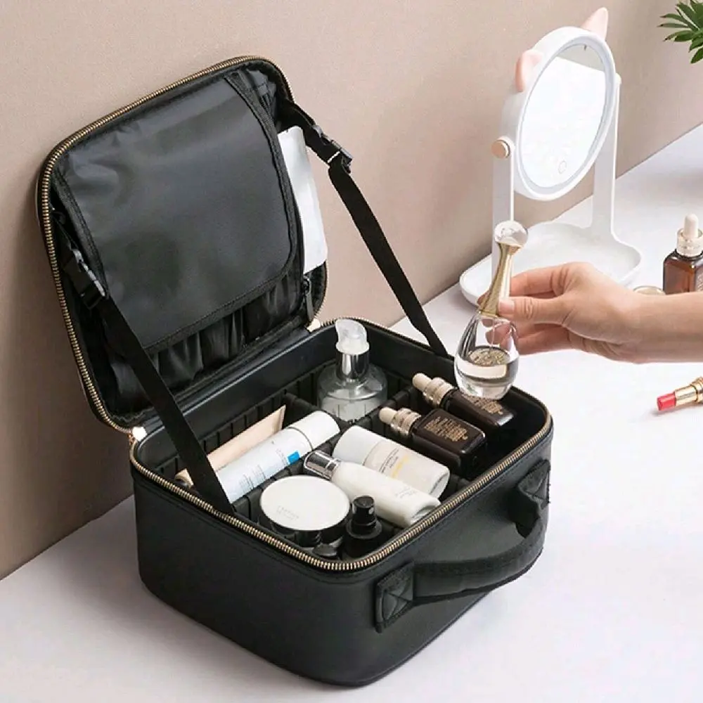 DHOPE Tas Make Up Kosmetik PU Leather Portable with Brush Slot Small - D-111 - Black