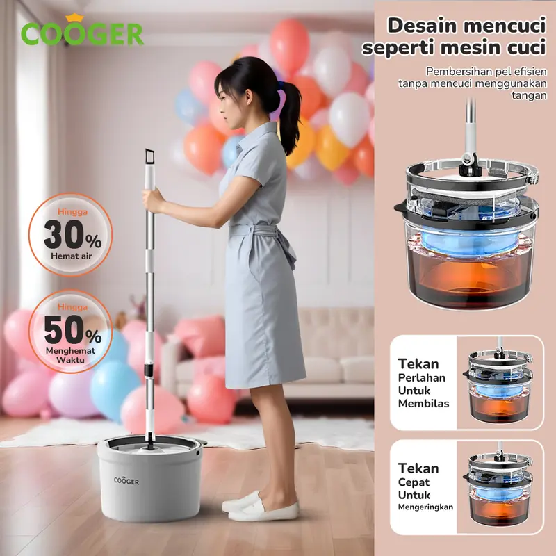 COOGER Alat Pel Lantai Putar Plus Bentuk Panda Single Bucket Plus Spin Mop 2IN1 Panda Dual Teknologi Pemisah Air Kotor Dan Bersih Dalam Satu Ember Kain Stainless Hitam Pink 7