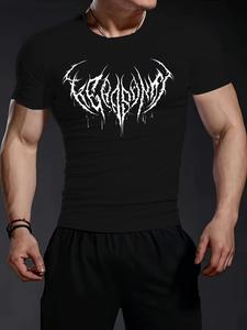 Camiseta Deportiva de Patrón Alfabético para Hombres - Cuello Redondo,  Ajuste Delgado, Poliéster Tejido, Estiramiento Medio, Transpirable, para Gimnasio, Jogging, Entrenamiento, Ciclismo, Modelado Corporal