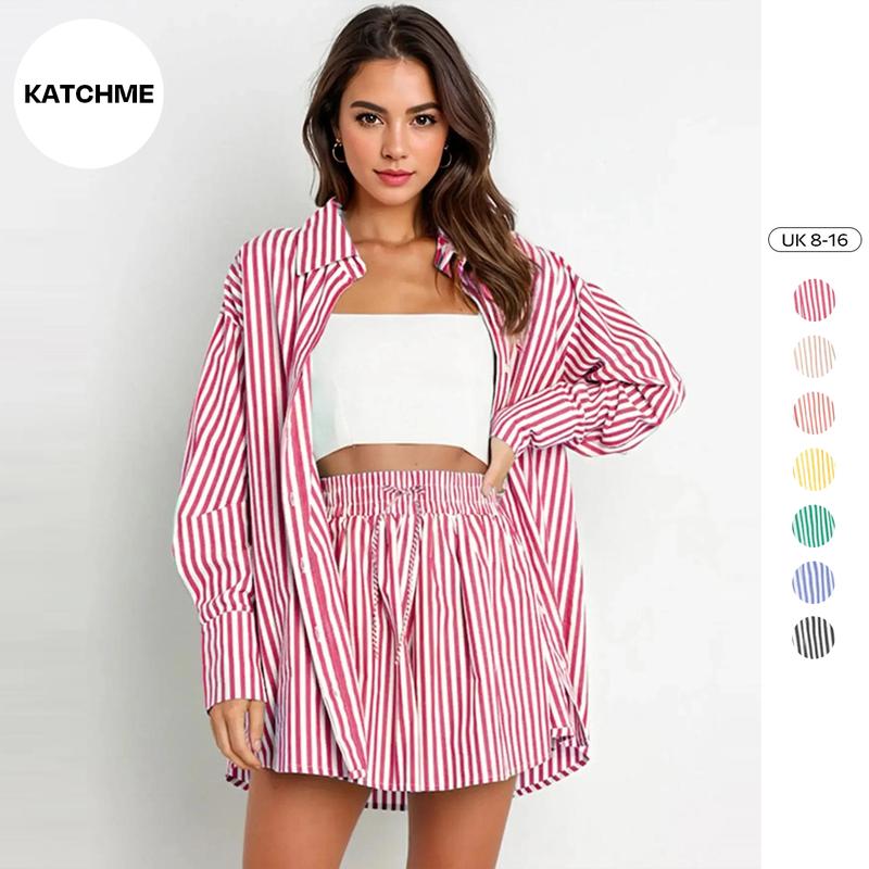 KatchMe Women's Chic Color Matching Striped Long Sleeve Shirt & Drawstring Waist Shorts Co-ord,Comfort Collared Blouse & Wide Leg Shorts Two-Piece Set 0