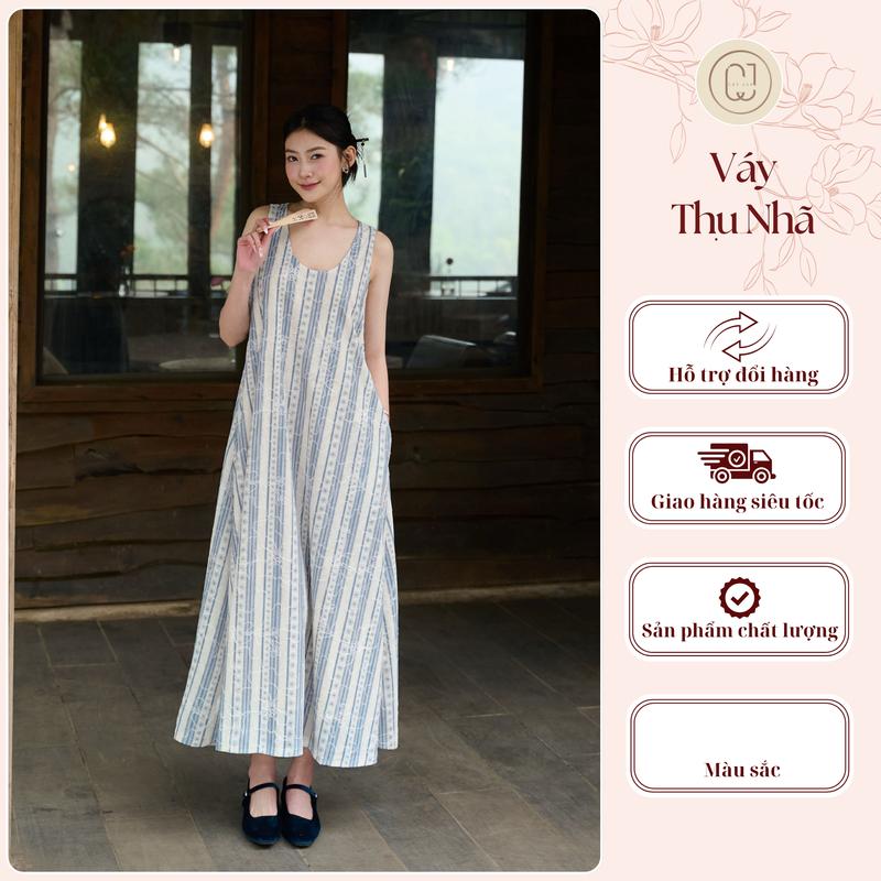 Váy Thu Nhã sát nách form xoè A hoạ tiết thiết kế đơn giản Cayleo Design DD786 - Màu sắc sọc xanh