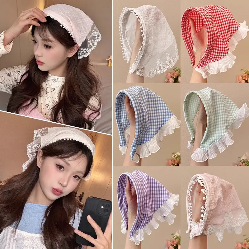 Khăn Quàng Tam Giác Viền Ren, Cô Gái Nơ Ngọt Ngào Băng Đô Nữ, Băng Đô Chụp Ảnh, Phụ Kiện Tóc, Hợp Xu hướng Women Nhung Titan,Phong cách đồng quê, thích hợp cho chuyến dã ngoại chụp ảnh，băng đô khăn trùm đầu 0