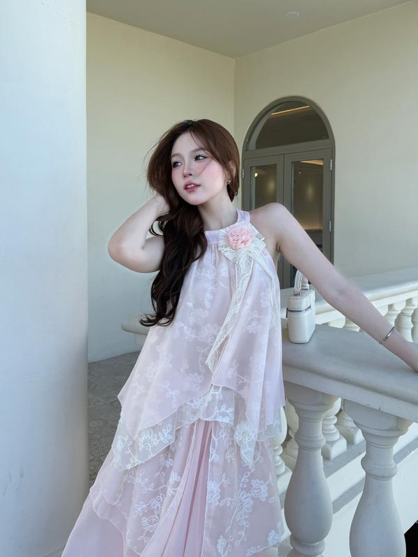 Set áo yếm tầng phối ren đính hoa kèm chân váy voan tơ ảnh thật/ sẵn