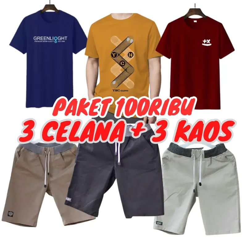 SETELAN 3 KAOS + 3 CELANA 100 RIBU BAJU PRIA CELANA PENDEK SANTAI MURAH 0