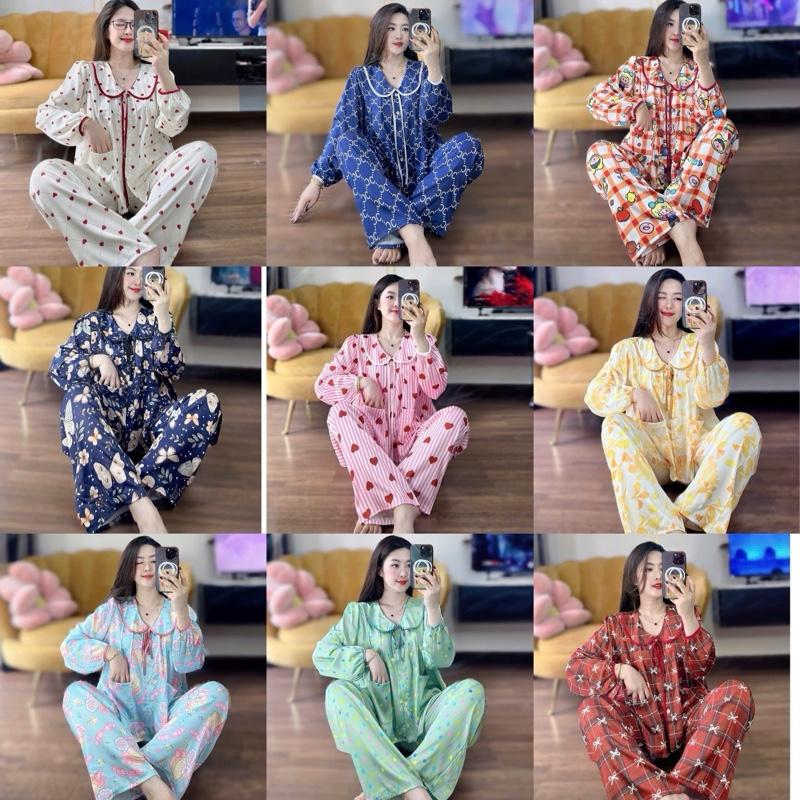Bộ pijama cổ SEN DÀI tay bo phồng tiểu thư lụa mịn quần có túi Nữ, phom áo babydoll 2 túi áo