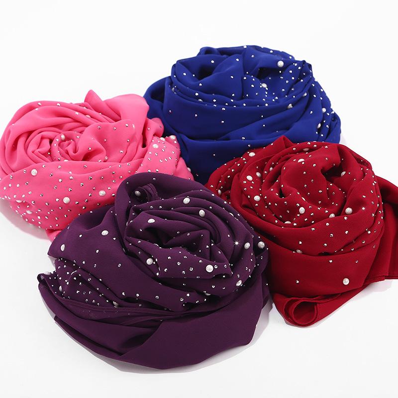 Malaysia Indonesia Pearl Chiffon material Baotou scarf rhinestone porcelain decorative fashion headscarf_voghion.com