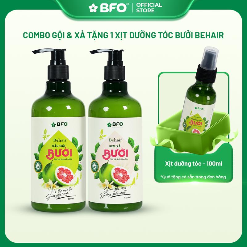 Combo Dầu Gội & Dầu Xả 500ml & Xịt Dưỡng Tóc 100ml BFO Behair Tinh Dầu Bưởi Và Thảo Mộc Giúp Giảm Gãy Rụng Dưỡng Tóc Kích Mọc Tóc Chắc Khỏe Suôn Mượt Nữ Women