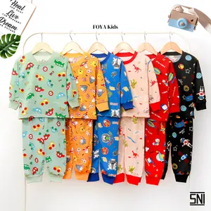 FOYA Kids - Setelan Premium Baju Tidur Anak Unisex/Setelan motif Full Gambar Usia 0-6 Tahun/Setelan Baju Tidur lengan Panjang Motif Animal/Dino/Astronot
