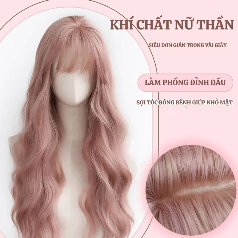 Tóc Giả, Chất Liệu Lụa Nhân Tạo, Tóc Siêu Da Đầu, Kiểu Xoăn Dài Với Tóc Mái Kiểu Pháp, Chịu Được Nhiệt Độ Cao Đến 140 Độ, Dài Trung Tâm 60 Cm, Trọng Lượng 400 Gram, Dành Cho Nữ 2
