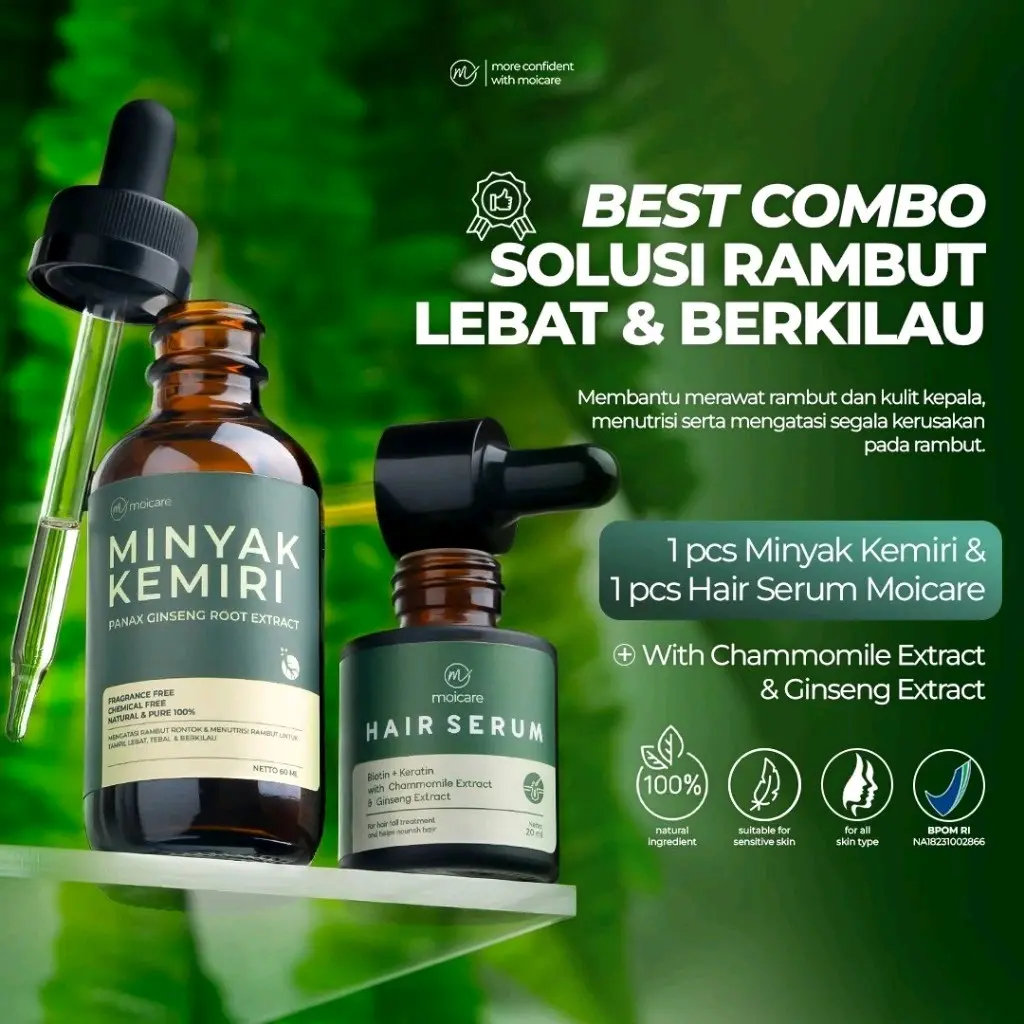 MOICARE Hair Serum & Minyak Kemiri Penumbuh Pelebat Rambut Hitam 30ml | Paket Hair Growth | Penumbuh Rambut Ampuh BPOM Rekomendasi