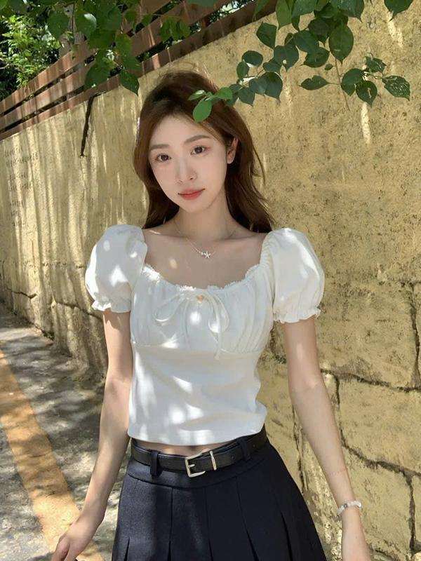 742 [Mặc Nhiều Kiểu] Áo Thun Kiểu Nữ Y2K Phối Ren Ôm Body Tay Phồng Chất Cotton Mịn