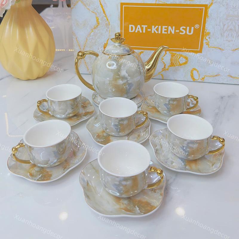 Bộ Trà Ấm Chén Vân Đá NEW Kèm Đĩa Lót Hình Hoa - Dùng Pha Trà Trang Trí Bàn Uống Nước Làm Quà Tặng Gốm Sứ Cao Cấp Thiết Kế Vân Đá Độc Đáo