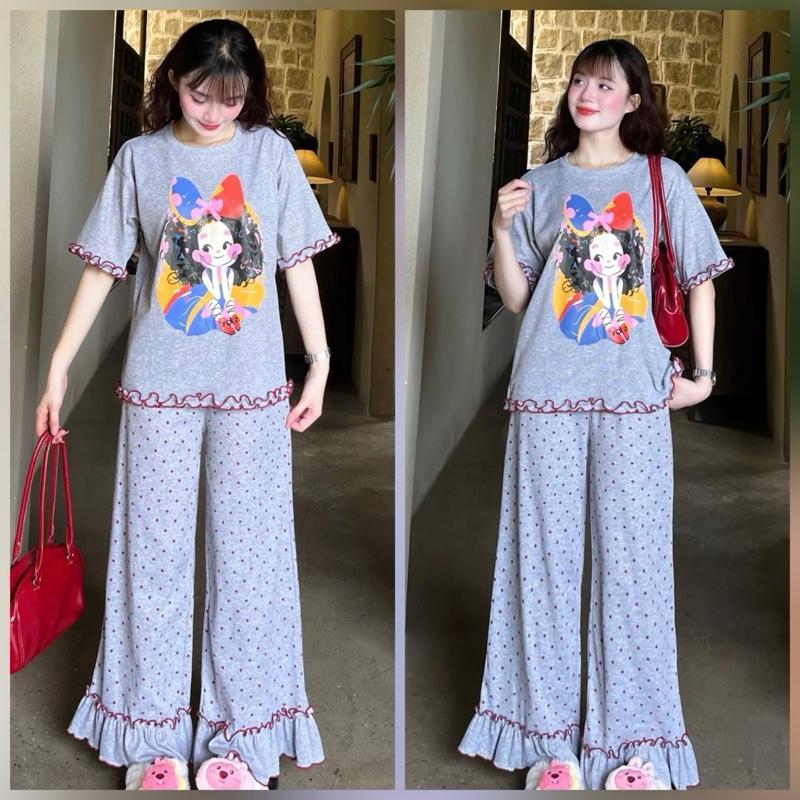 SÉT BỘ NỮ BIGSIZE QUẦN SUÔNG ĐỨNG CHẤM BI PHỐI BÈO IN CÔ GÁI 5D DỄ THƯƠNG THƯƠNG CO GIÃN  CÓ TÚI