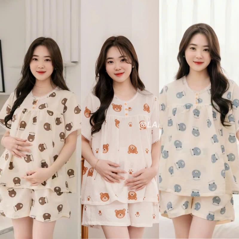 V22 - Bộ đồ bâu và sau sinh cộc chất đũi xốp hình gâu mặc mùa hè thoáng mát áo có khóa kéo quần có chun chỉnh